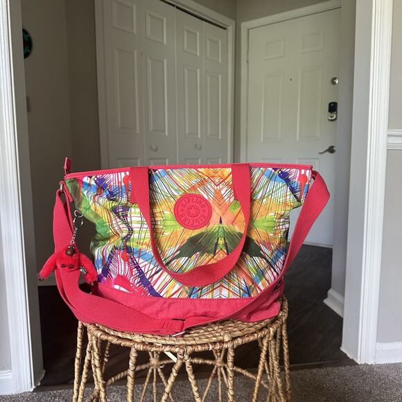 Kipling Tote Travel Beach Bag Large Coral Print - Crossbody Strap W/ Keychain - Picture 1 of 12